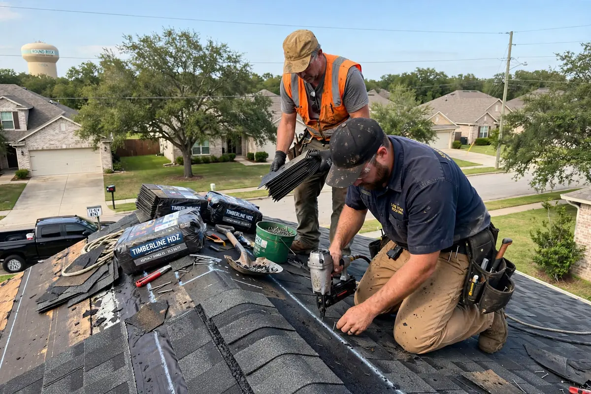 Roofer repairing a shingle roof on a Texas City TX home