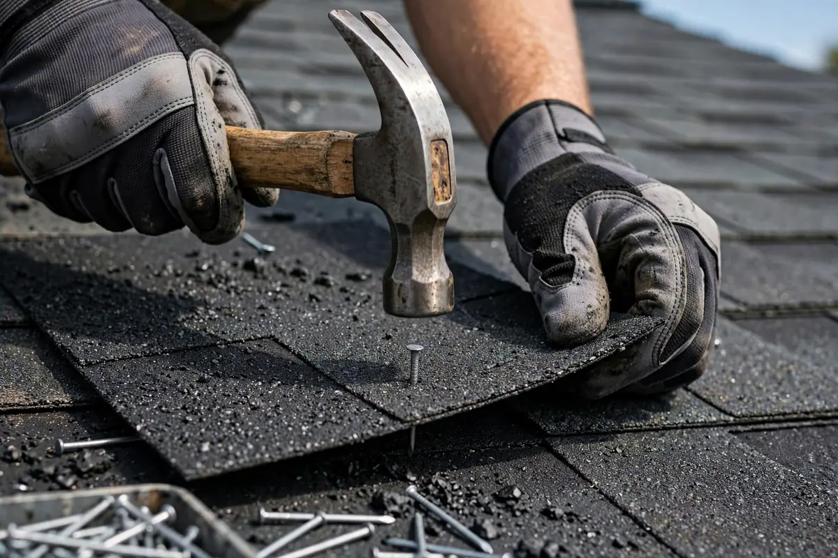 Close-up of asphalt shingle repair on a Texas City TX roof